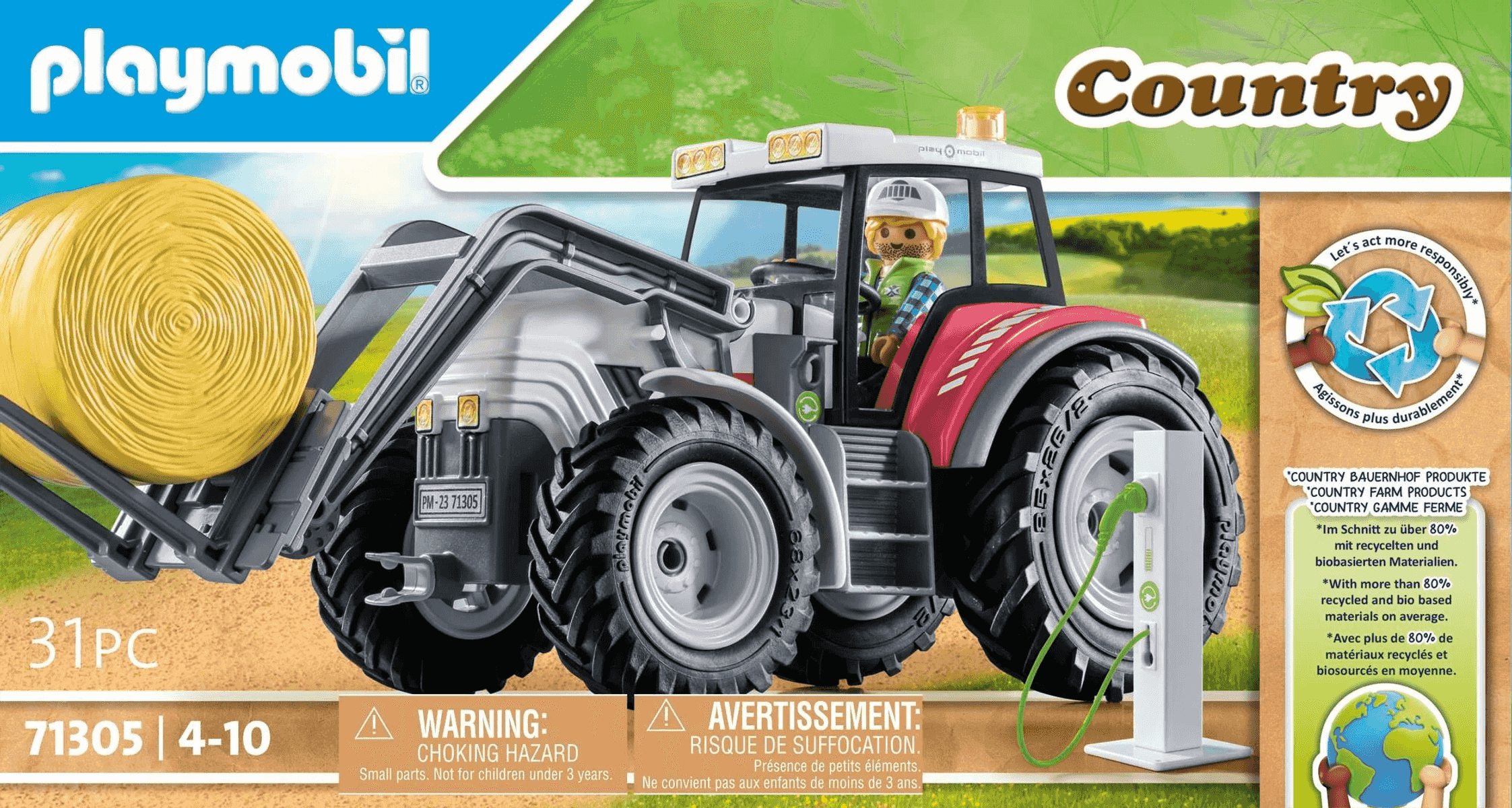 Tractor Playmobil Country con horquilla cargadora, paca de heno amarilla y estación de carga.