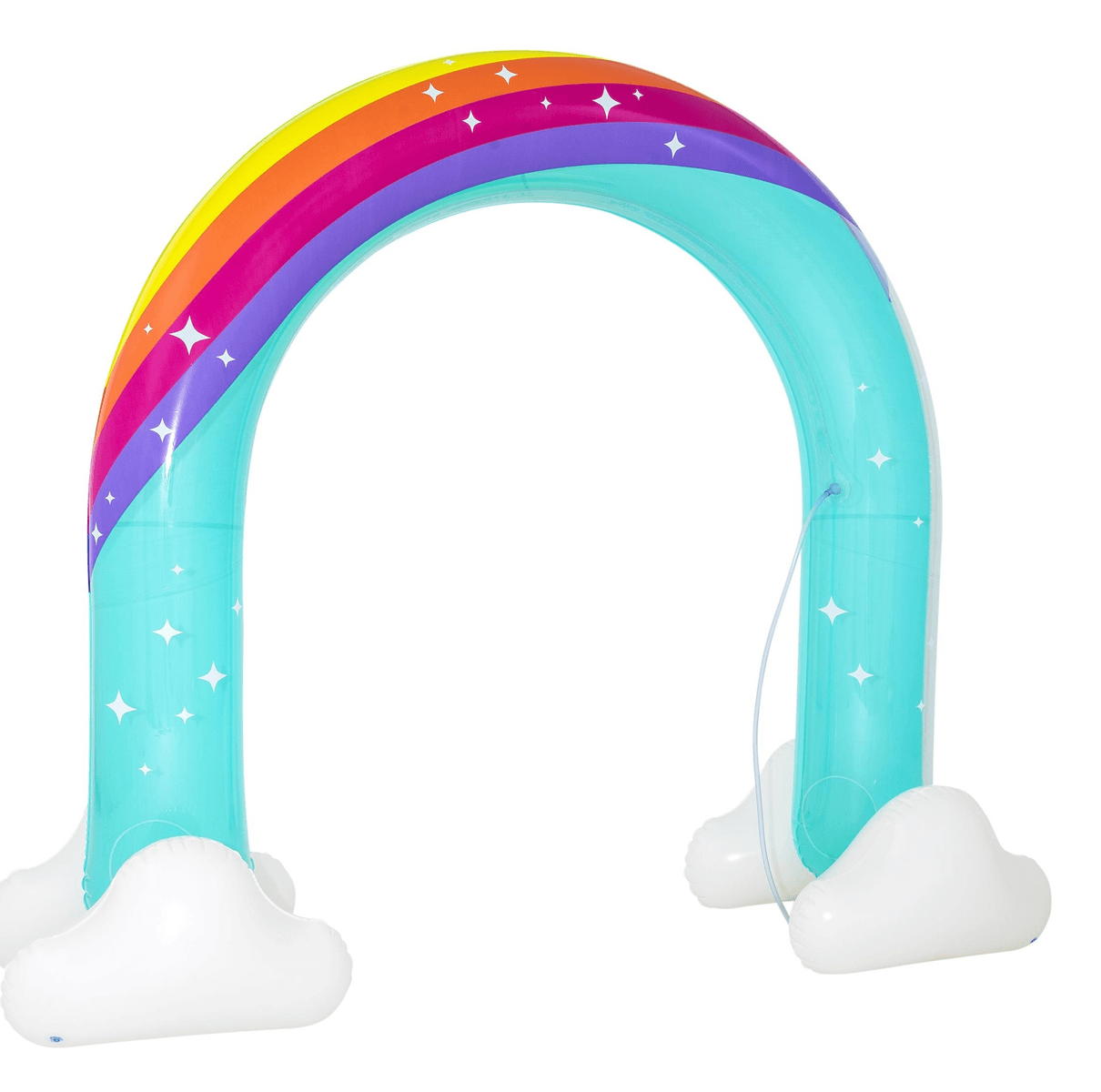 Arco de arco iris inflable con rayas de colores y nubes blancas en los extremos sobre un fondo blanco.