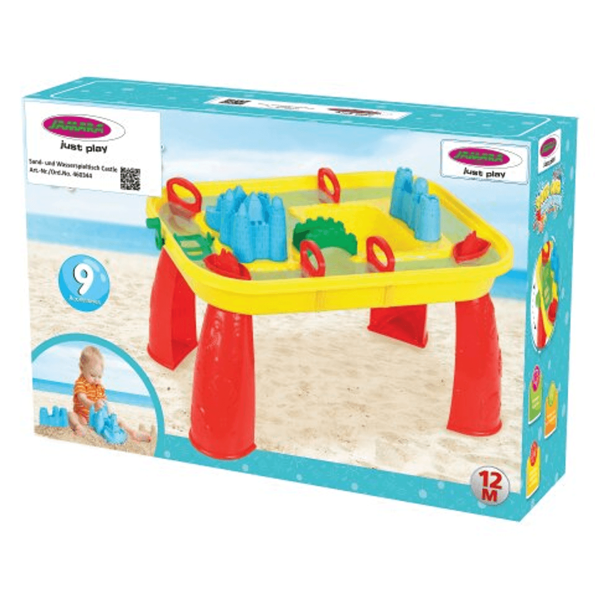 Ein farbenfrohes Sand- und Wasserspieltisch-Spielset in seiner Produktverpackung auf Sandstrand.