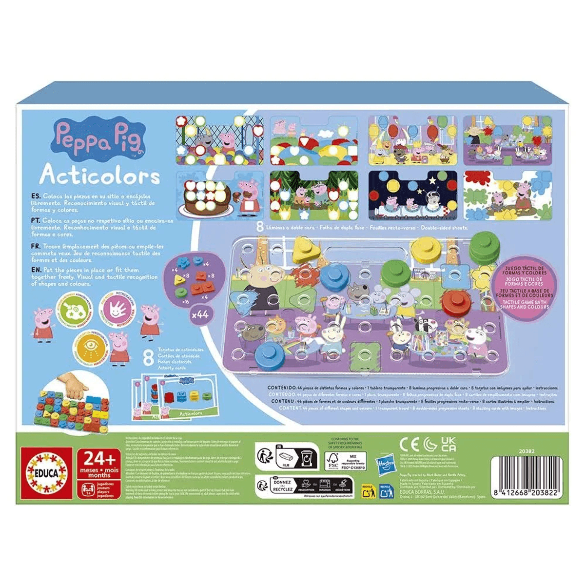Caja del juego de mesa Peppa Pig Acticolors con formas de plástico de colores, tarjetas e ilustraciones.