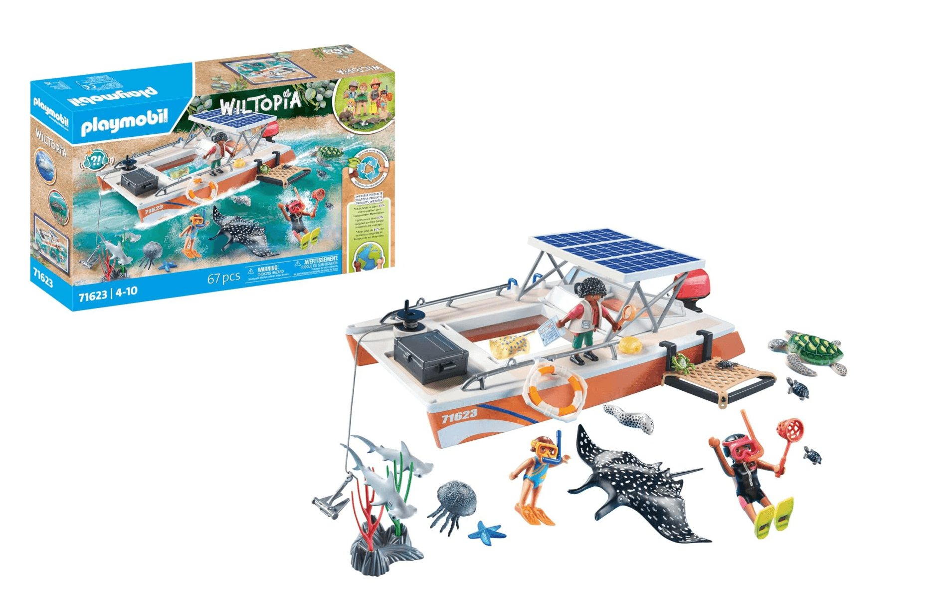 Playmobil Wiltopia Set mit Solarboot, Figuren, Meerestieren, Korallen und Zubehör auf weißem Hintergrund.