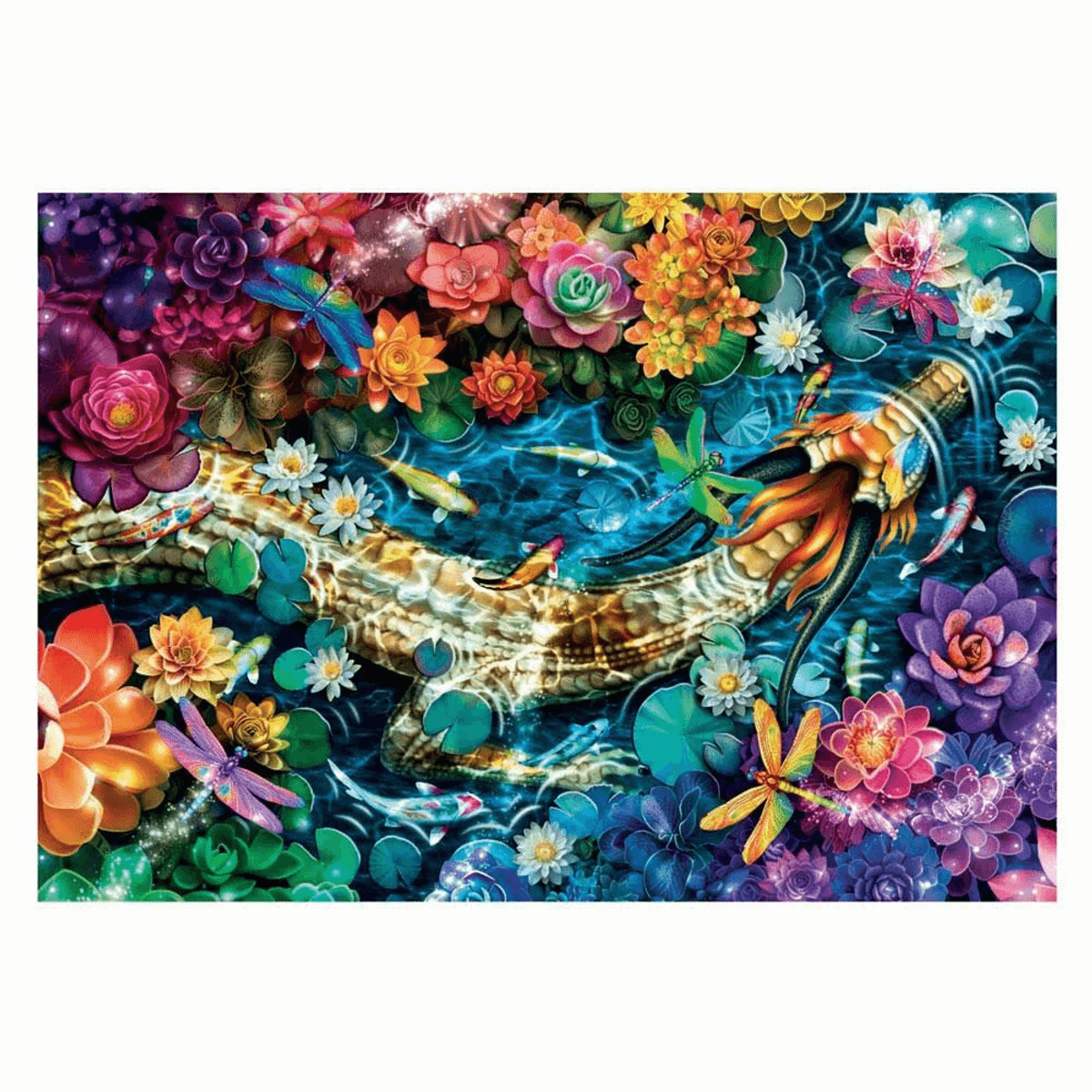 Un dragón dorado NADA en un estanque de agua, rodeado de flores coloridas y libélulas.