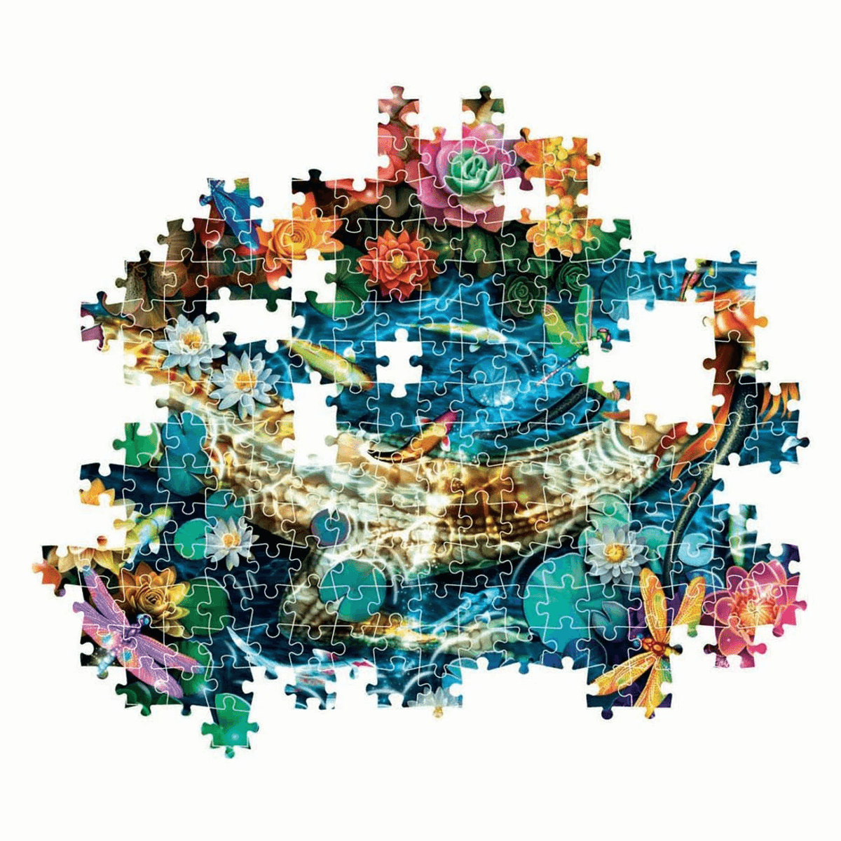 Un rompecabezas parcialmente armado muestra flores coloridas, nenúfares e insectos sobre un fondo azul.