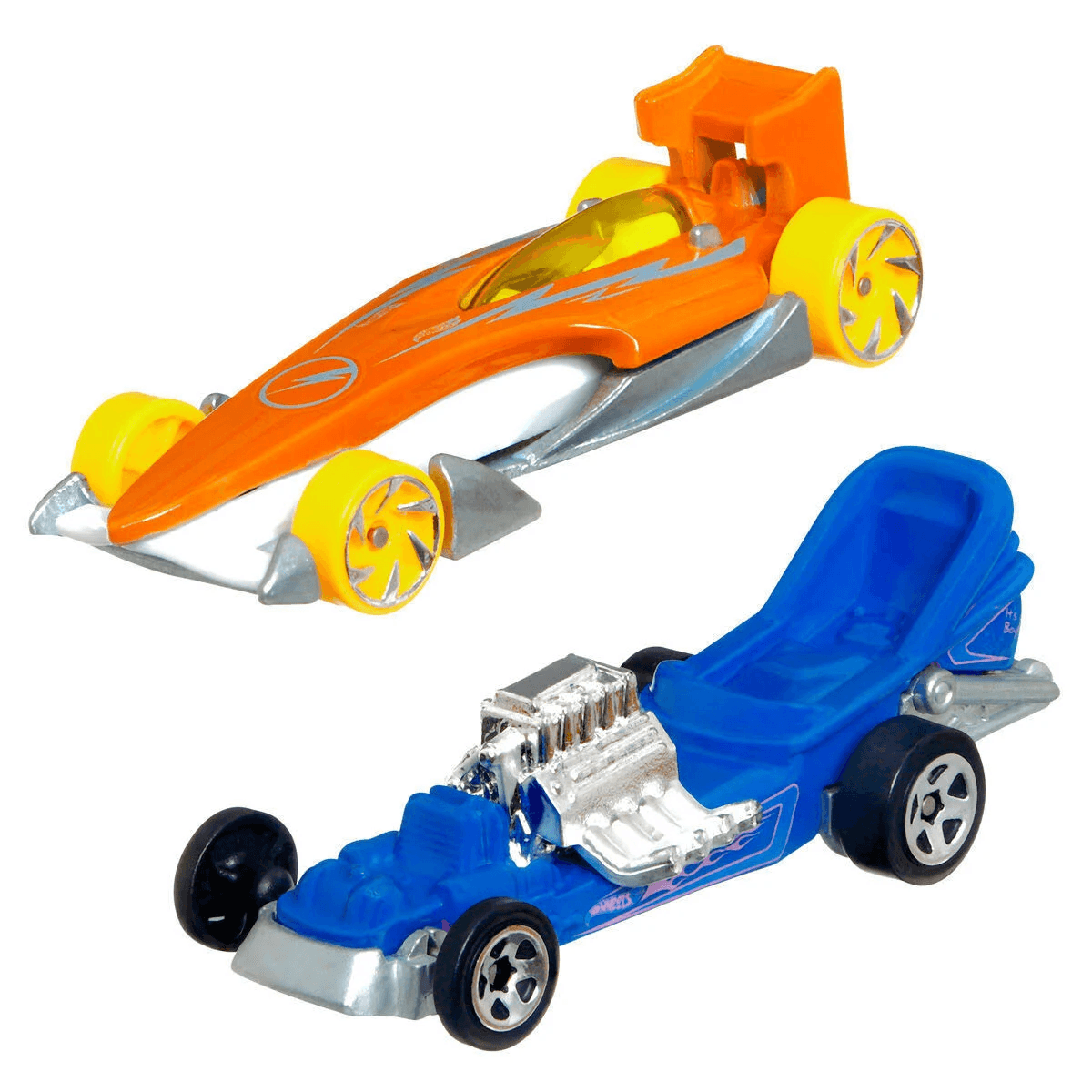 Dos carritos de juguete sobre fondo blanco: arriba un coche de carreras naranja, abajo un hot rod azul.