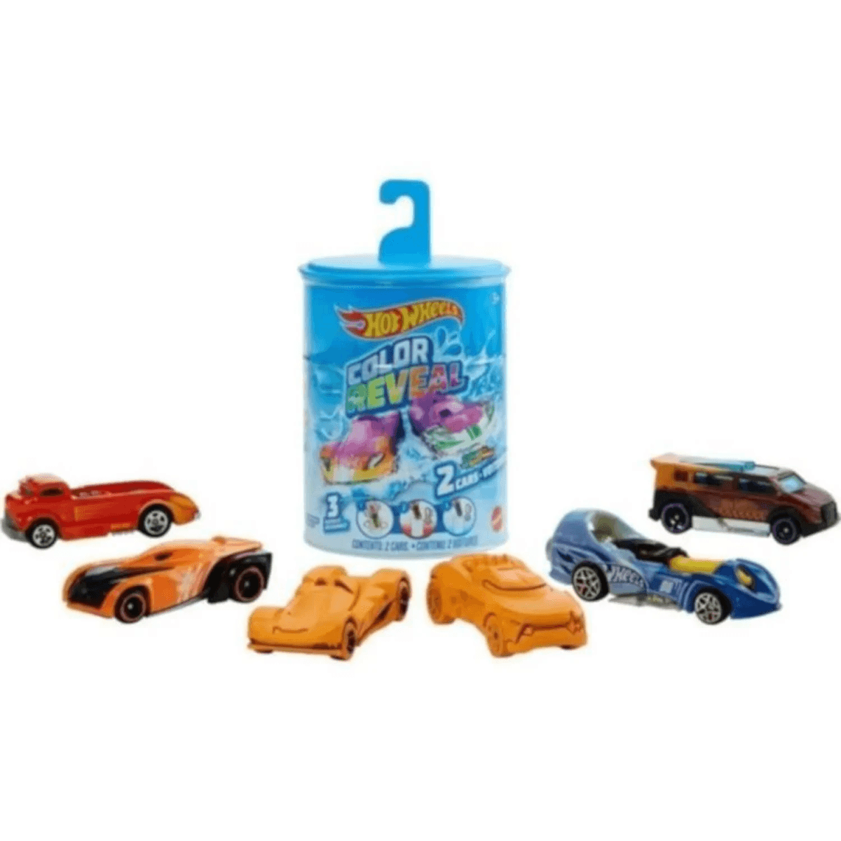 Contenedor Hot Wheels Color Reveal con seis coches de juguete diferentes sobre fondo blanco.