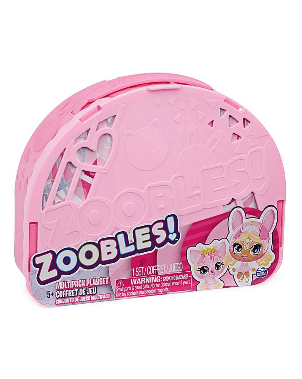 Ein rosafarbener Zoobles Multipack-Spielset-Koffer mit bunten Figuren auf der Vorderseite.
