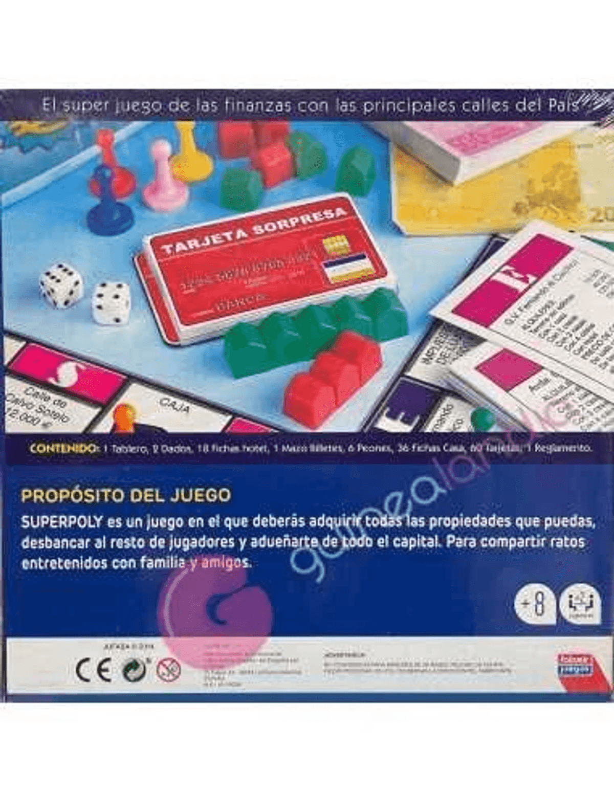 Juego de mesa con dados, casas, dinero y cartas.