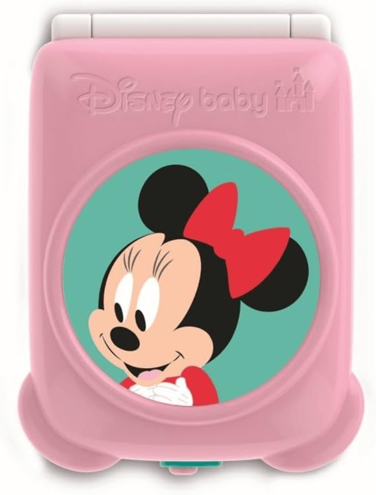 Estuche rosa de Disney Baby con una imagen redonda de Minnie Mouse sobre un fondo turquesa.