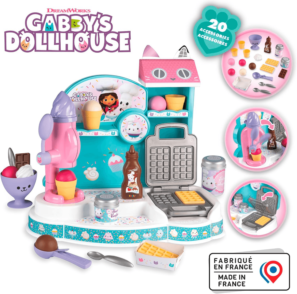 Juego de cocina de juguete Gabby's Dollhouse con gofrera, heladería y veinte accesorios de comida.