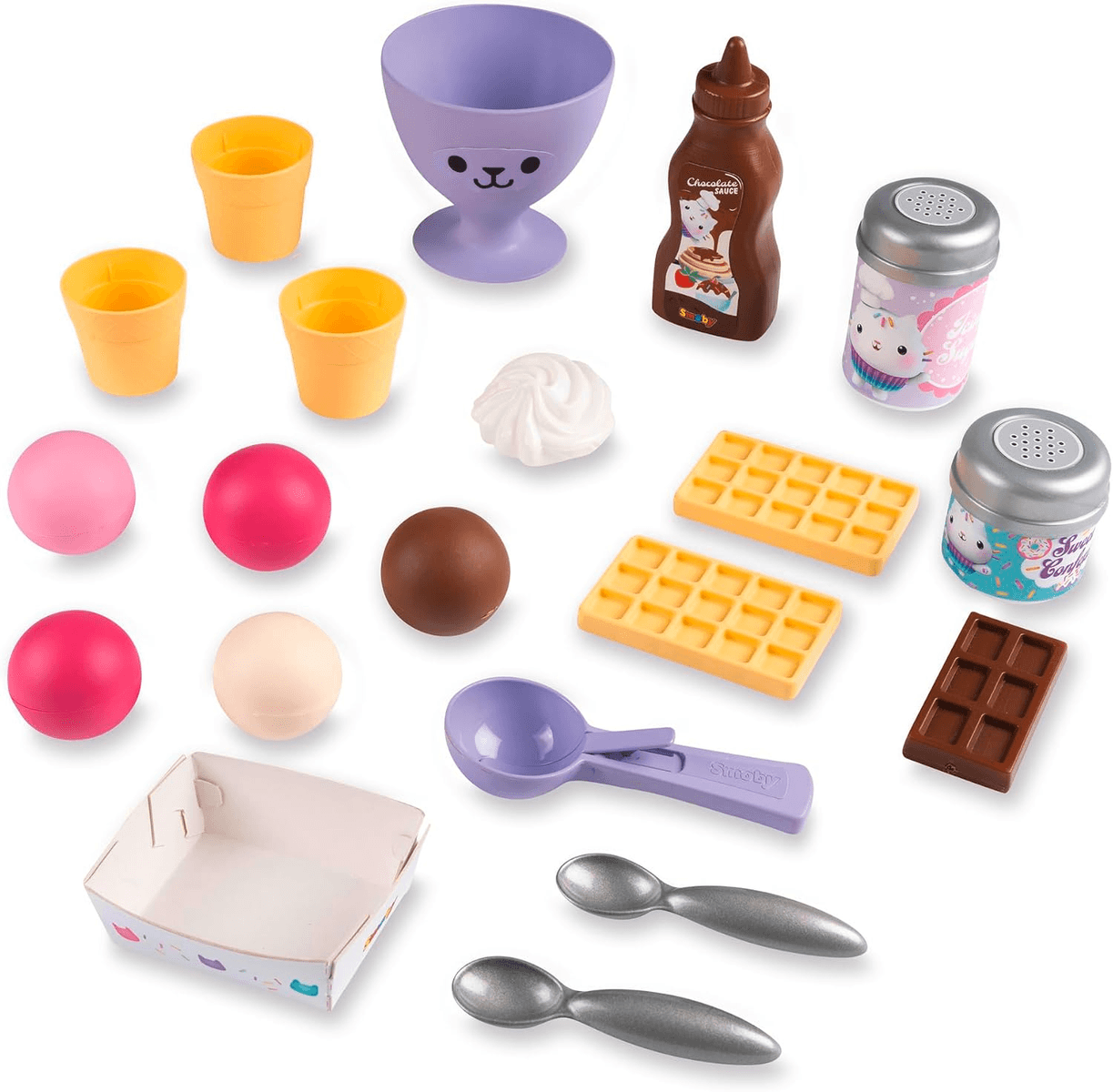 Juego de helados de juguete con tazas, bolas, gofres, salsa de chocolate, tarros de chispas y cucharas.