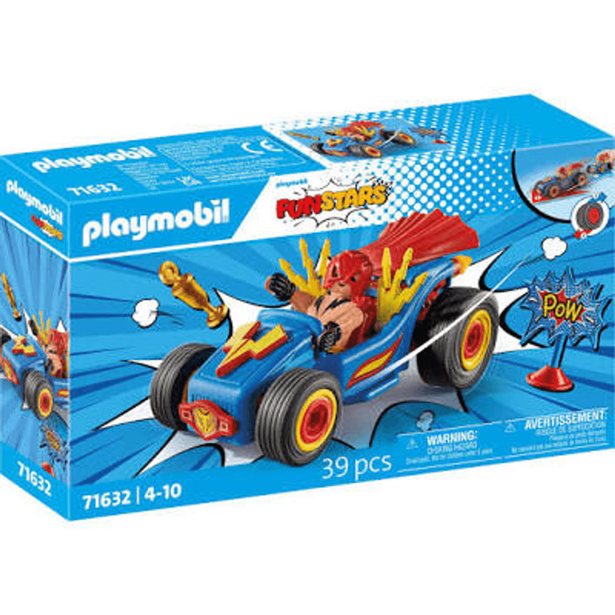 Caja de juguetes Playmobil Funstars con un coche azul, figura de corredor y 39 piezas.