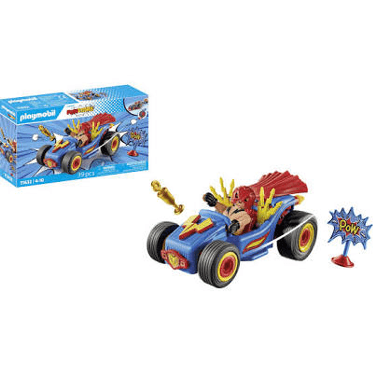 Set de superhéroes Playmobil con vehículo azul, figura de acción, trofeo y un cartel de Pow junto a su caja.