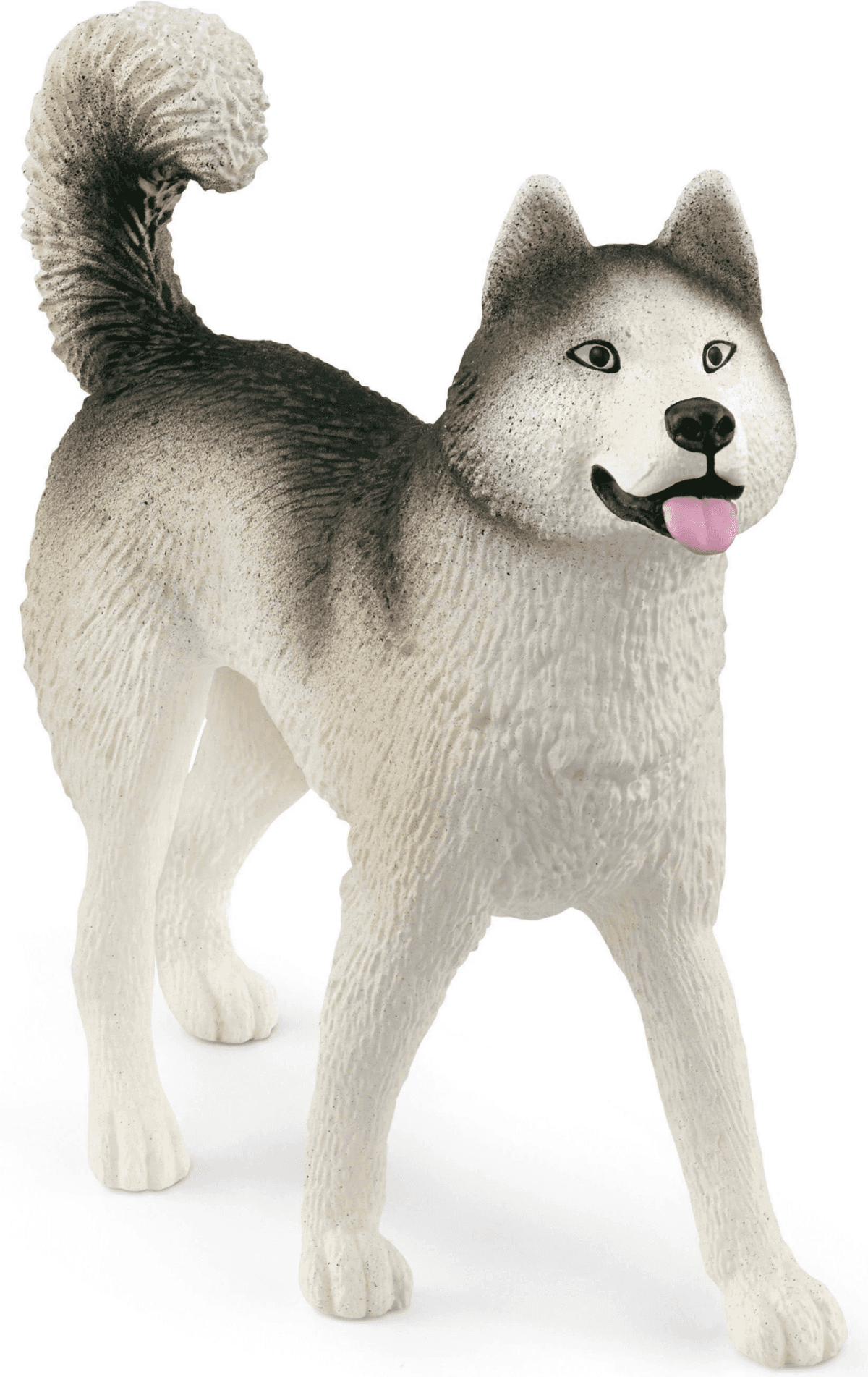 Una figura de juguete de husky gris y blanco con la cola curvada y la lengua rosa hacia fuera.