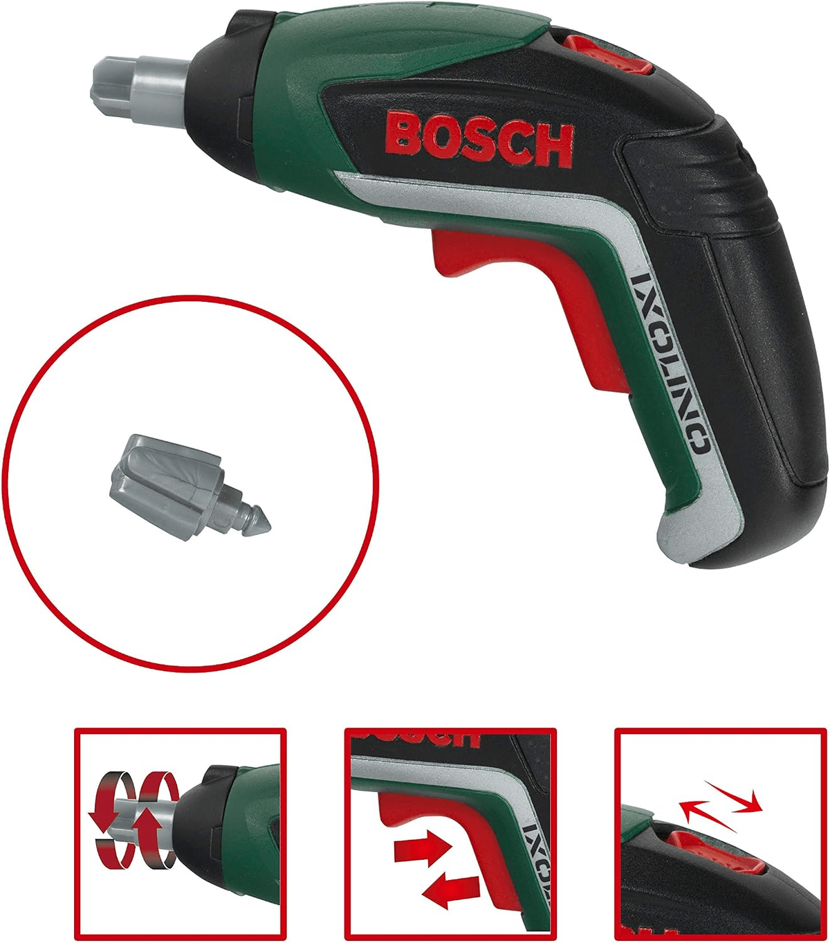 Destornillador de juguete Bosch IXOLINO verde y negro con gatillo rojo y detalles insertados.