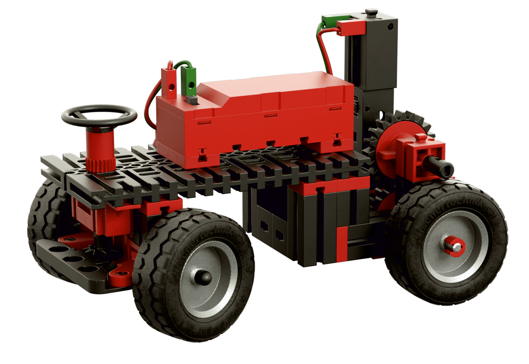 Un vehículo de juguete negro y rojo construido con bloques, con volante, ruedas grandes y engranajes.