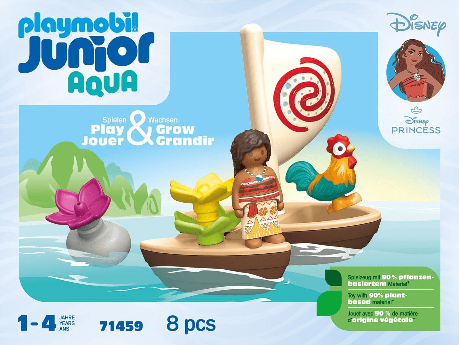 Set de juguete Playmobil Junior Aqua Moana con bote, figura, pollo y flores en el agua.
