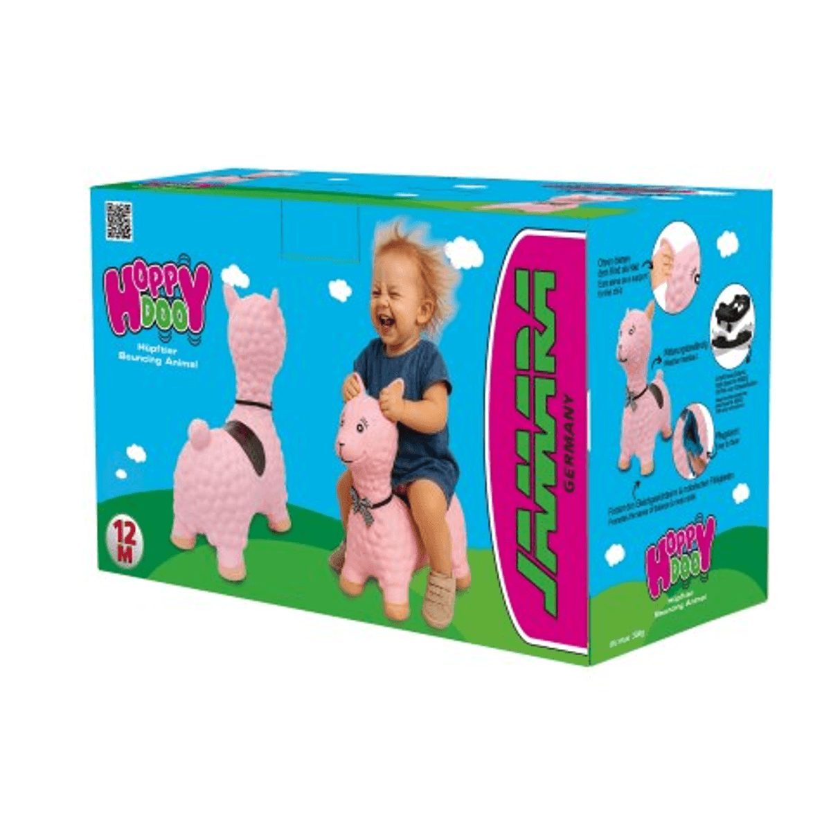 Eine blaue Schachtel für das rosa Hüpftier-Lama, mit einem lachenden Kind darauf.