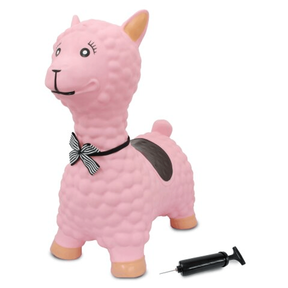 Ein pinkes Hüpftier in Lama-Form mit schwarzer Schleife und schwarzer Handpumpe auf weißem Grund.