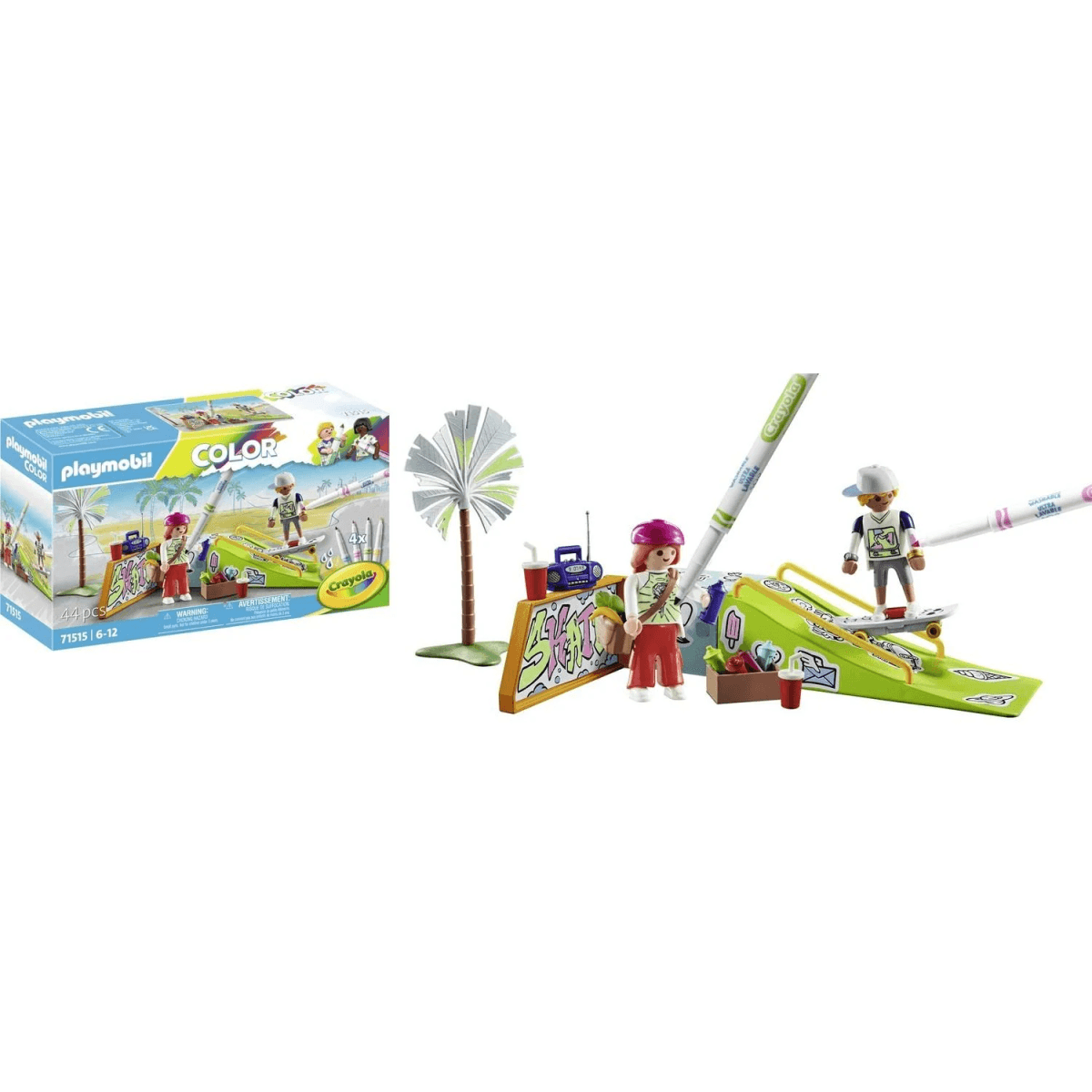 Set de Playmobil con figuras, rampa de skate, palmera y rotuladores Crayola junto a la caja colorida.