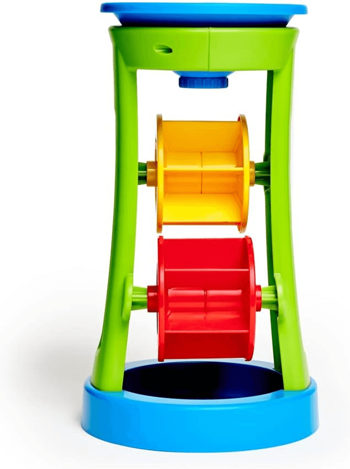 Un juguete de agua colorido con un marco verde, cuencos azules arriba y abajo y ruedas hidráulicas amarillas y rojas.