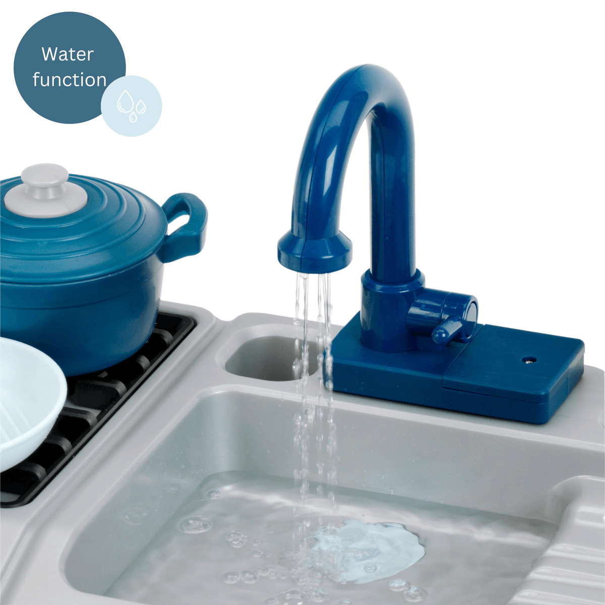 Fregadero de juguete con grifo azul que deja correr agua y una olla azul al lado.
