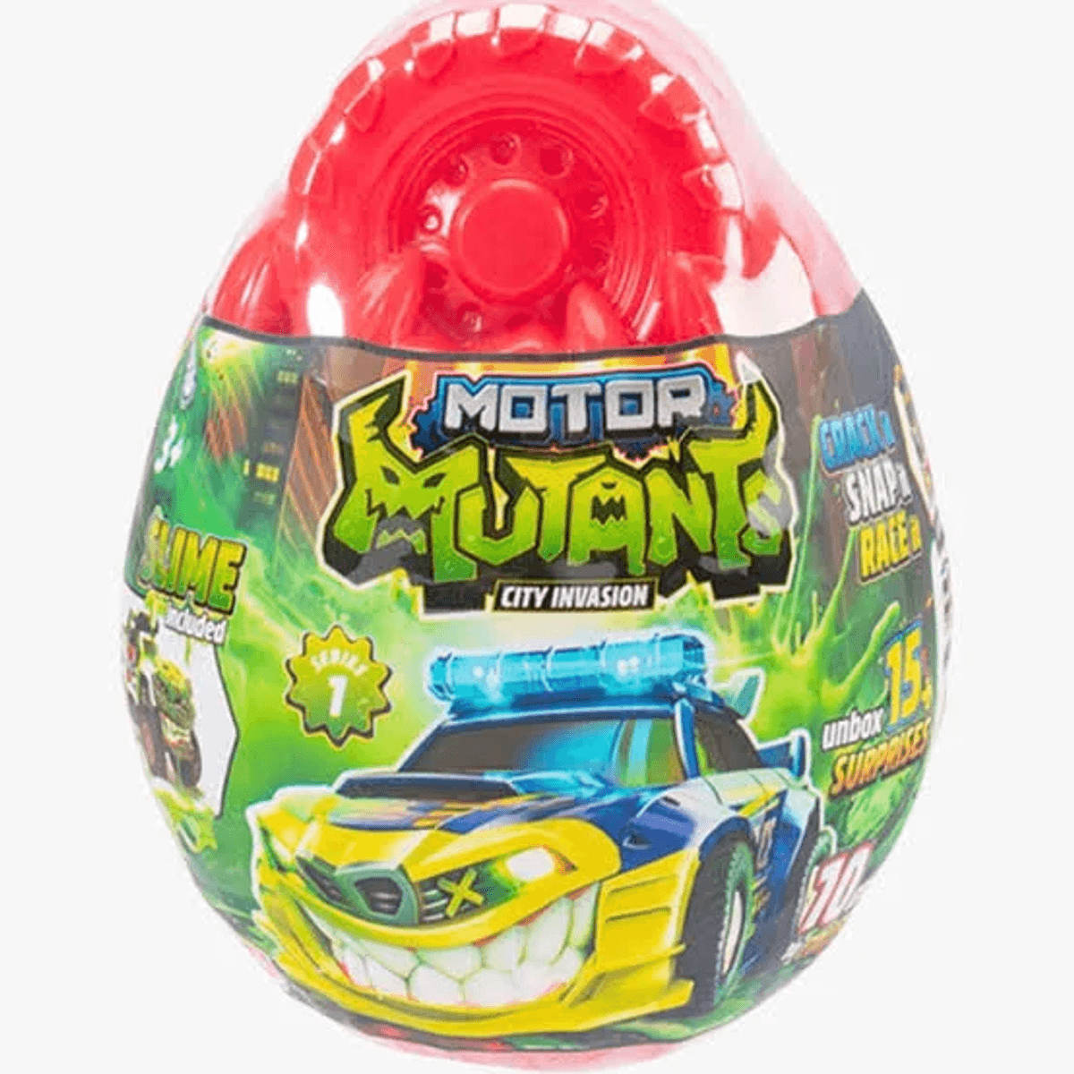 Huevo sorpresa rojo y verde de Motor Mutants City Invasion con un coche monstruo azul y amarillo.