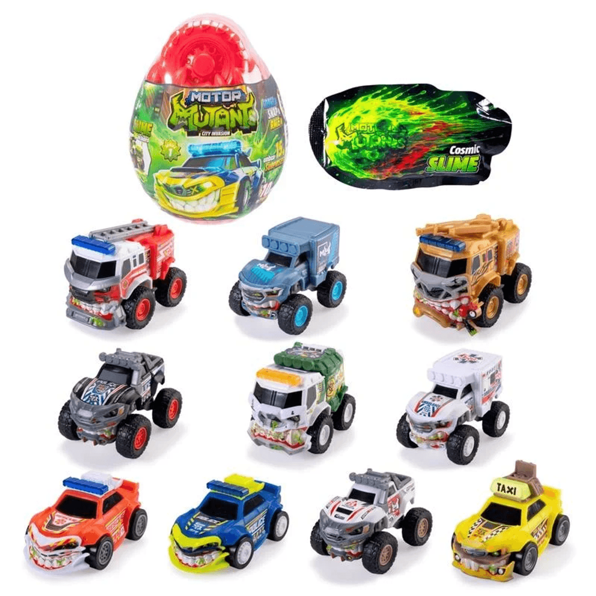 Set de juguetes Motor Mutants con huevo de plástico, paquete de slime y nueve camiones monstruo.
