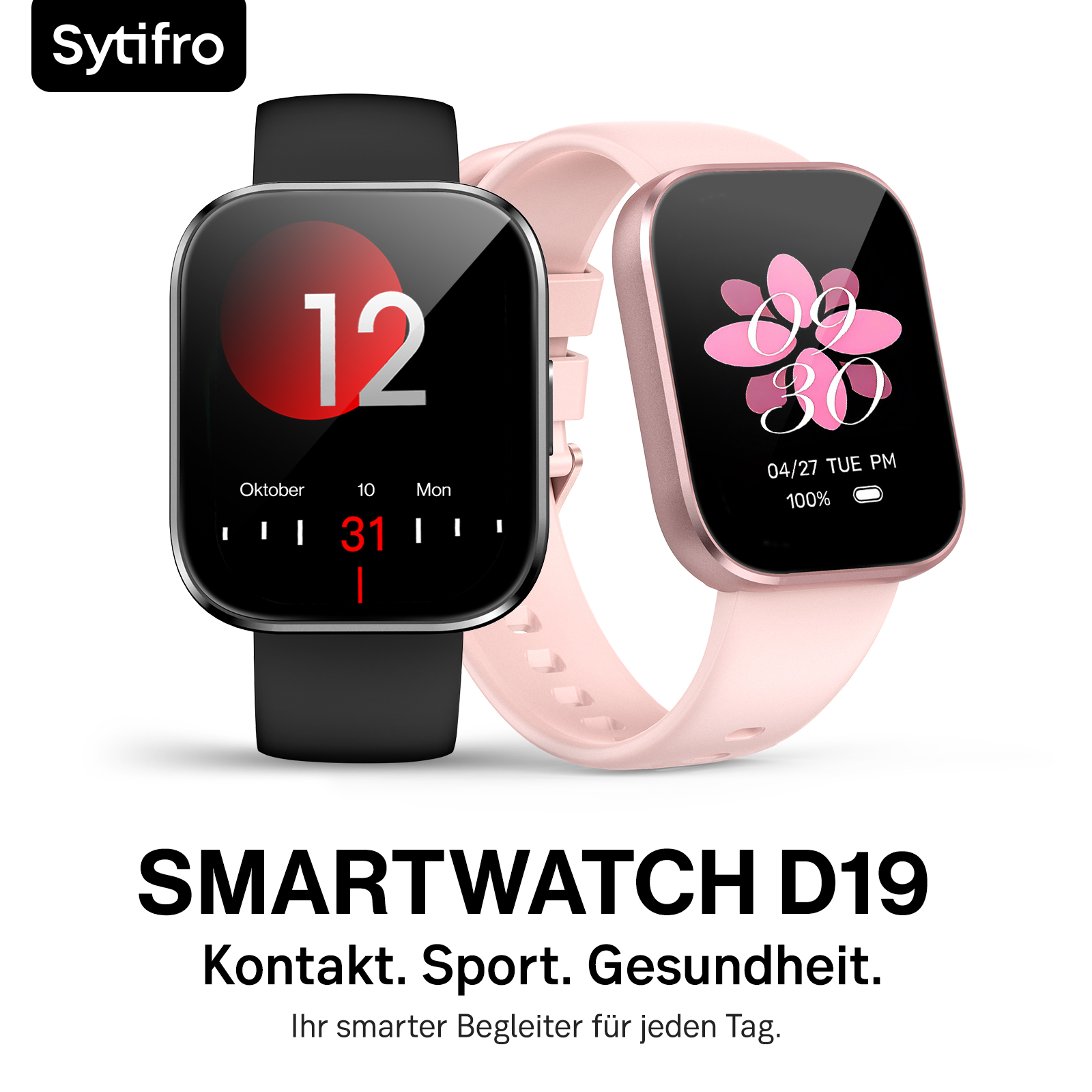 Zwei Sytifro Smartwatches D19, eine in Schwarz und eine in Rosa, mit digitalen Zifferblättern.