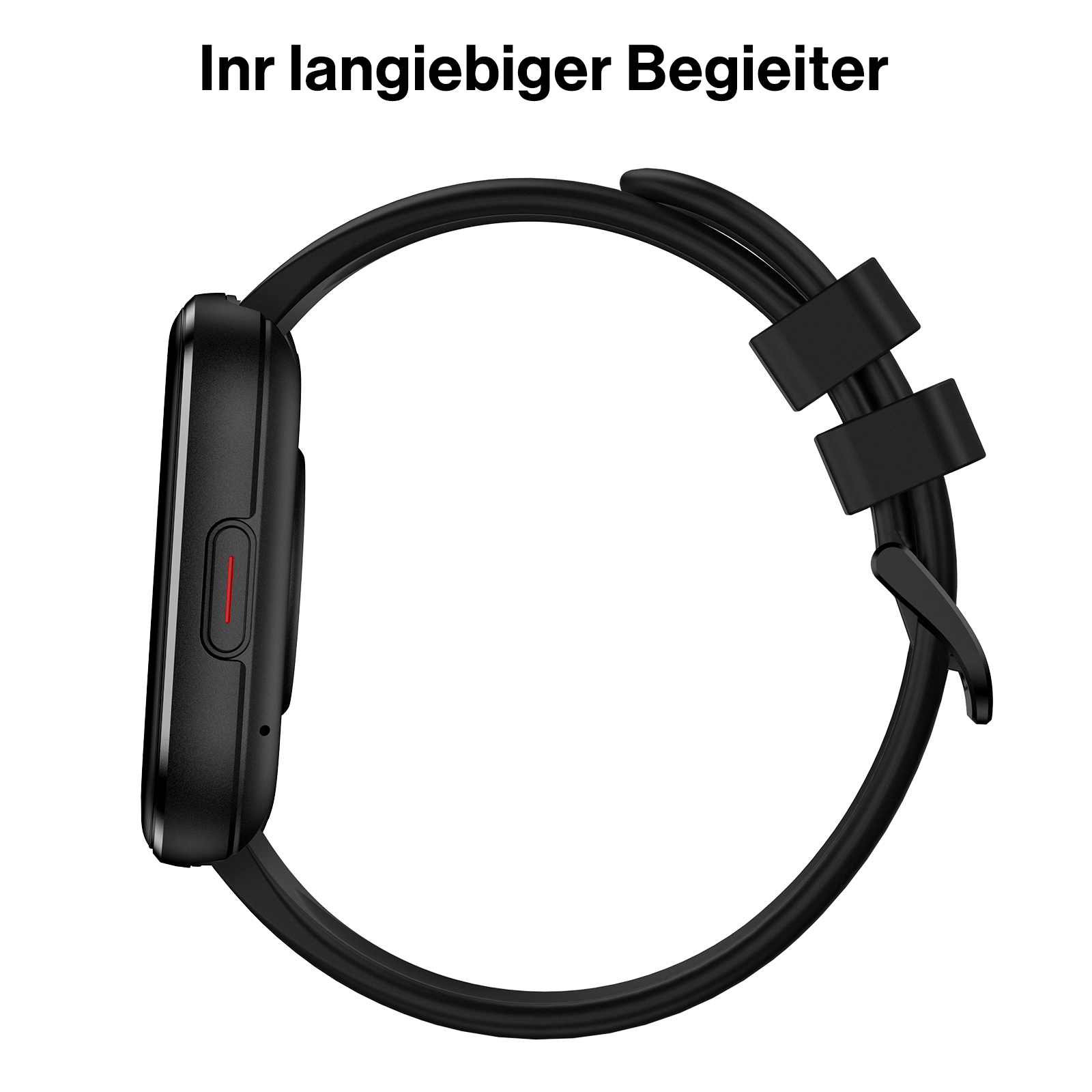 Eine schwarze Smartwatch mit Seitentaste und Silikonarmband vor weißem Hintergrund, mit deutschem Text oben.