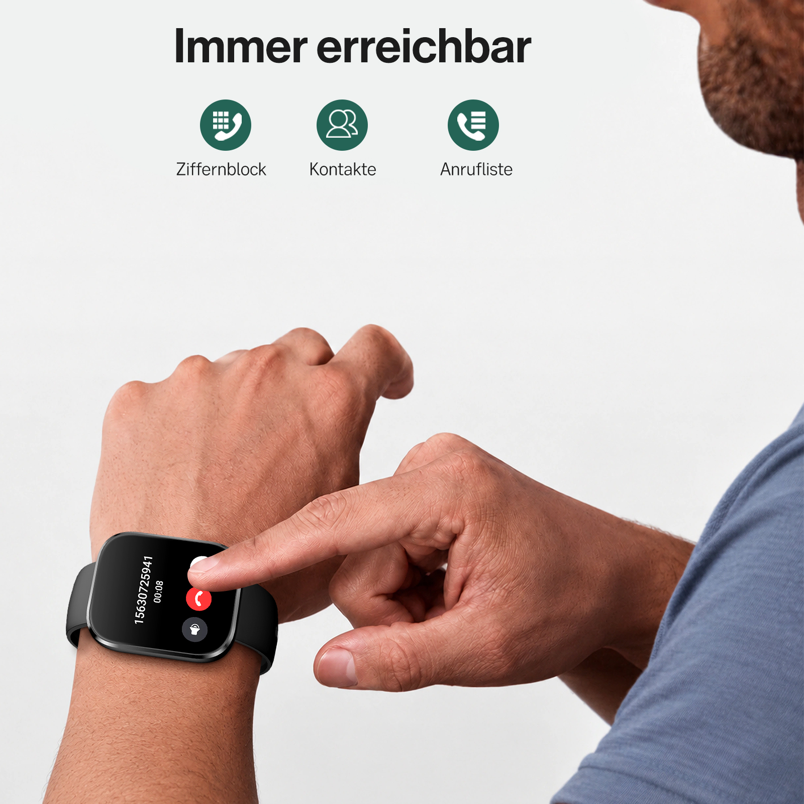 Ein Mann nutzt eine Smartwatch mit Telefonfunktion vor hellem Hintergrund mit Icons.