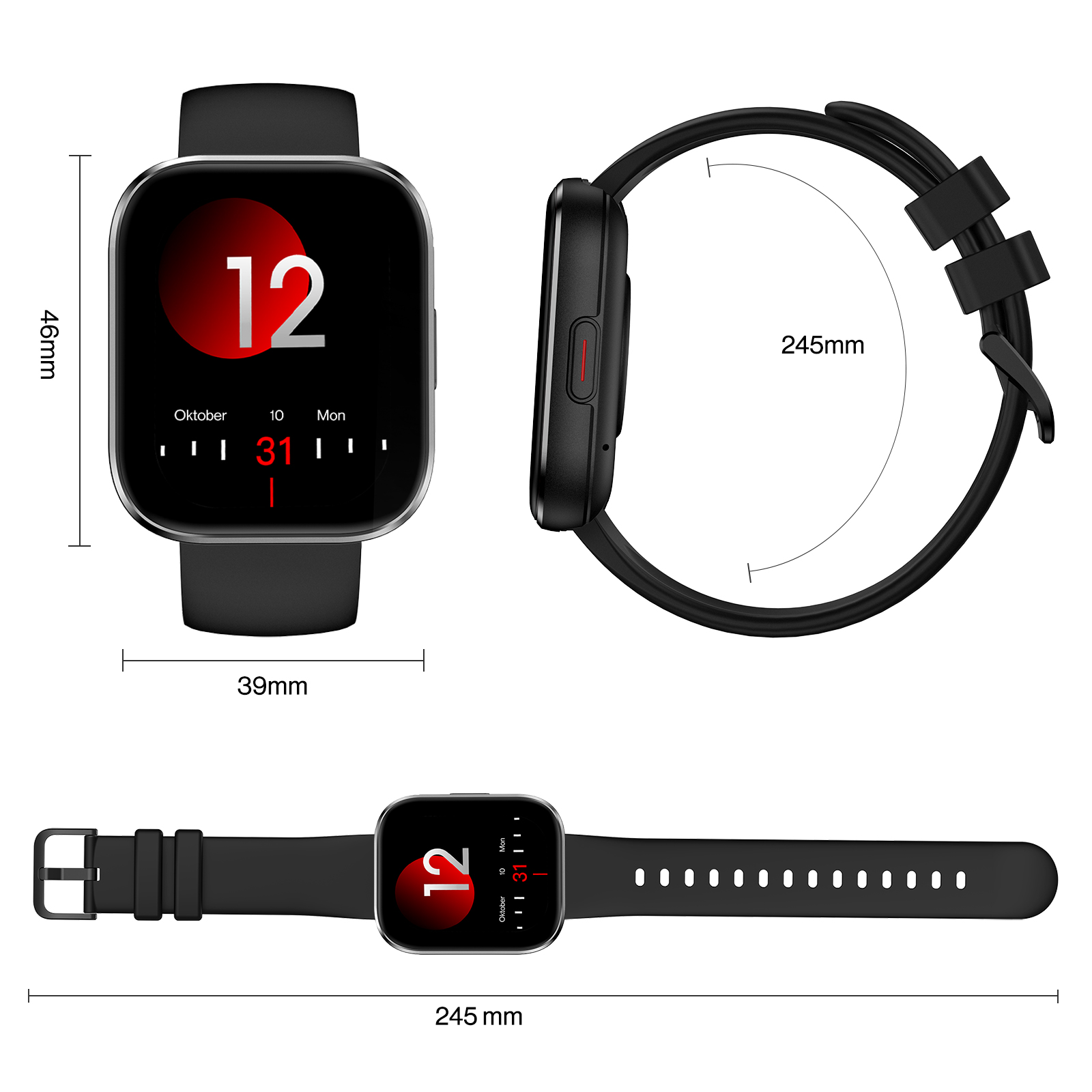 Technische Zeichnung einer schwarzen Smartwatch mit Maßen von 46 mm, 39 mm und einem 245 mm langen Armband.