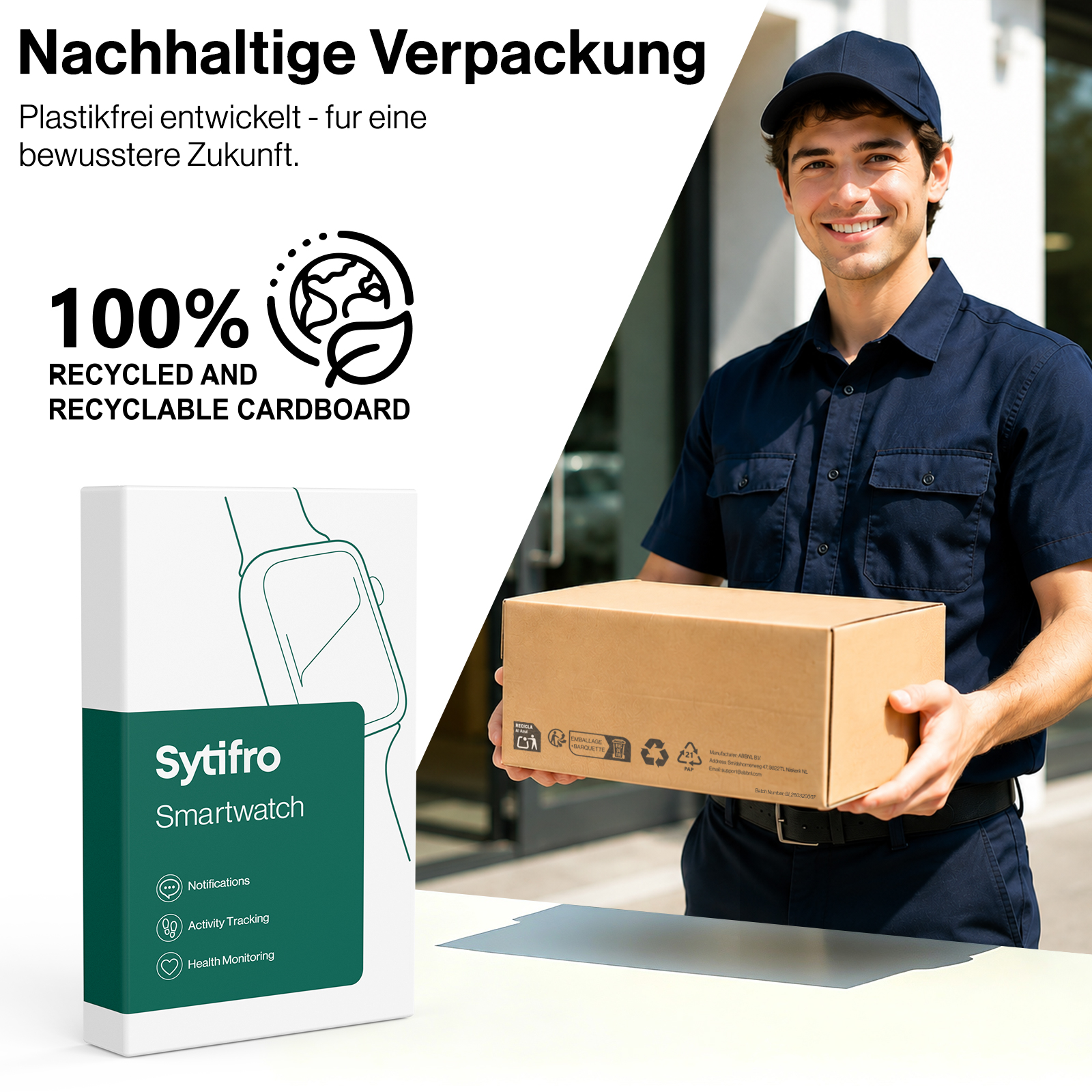 Ein lächelnder Zusteller hält einen Karton neben einer Smartwatch-Produktverpackung.