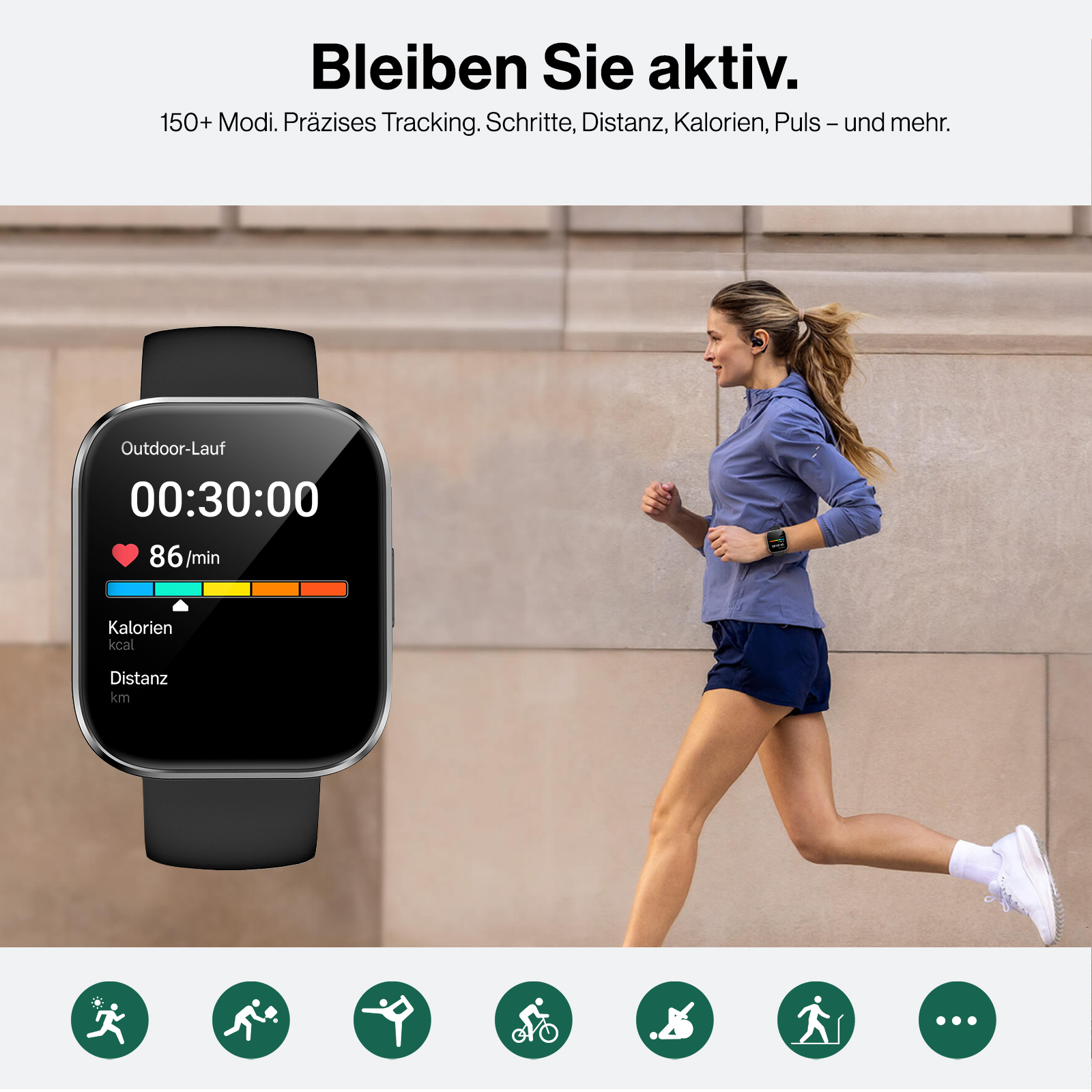 Eine Läuferin im Freien mit einer Smartwatch, die Trainingsdaten anzeigt.