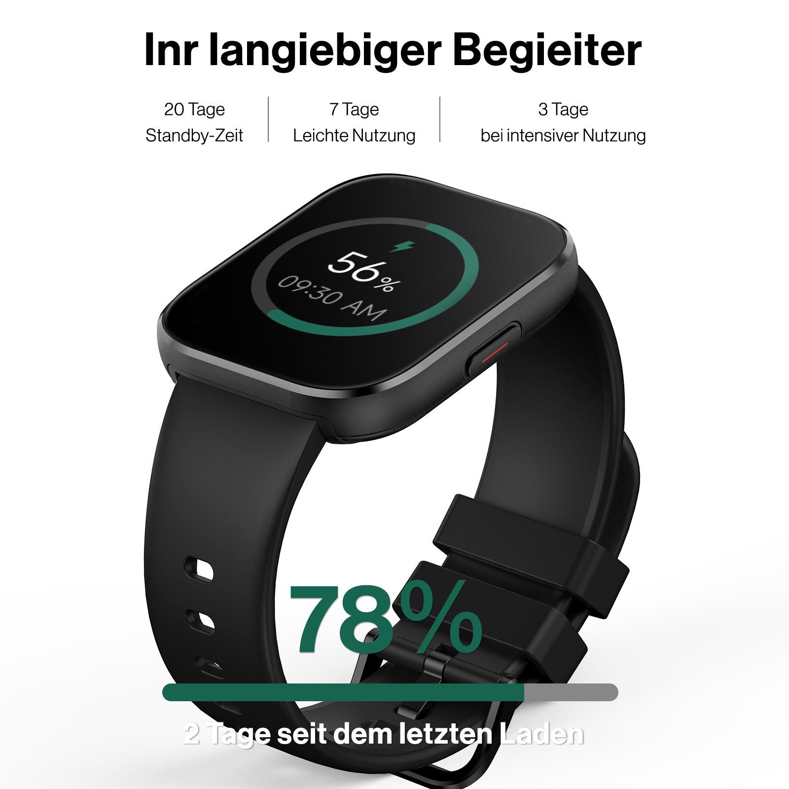 Schwarze Smartwatch mit Akkuanzeige und deutschem Text über Akkulaufzeit.
