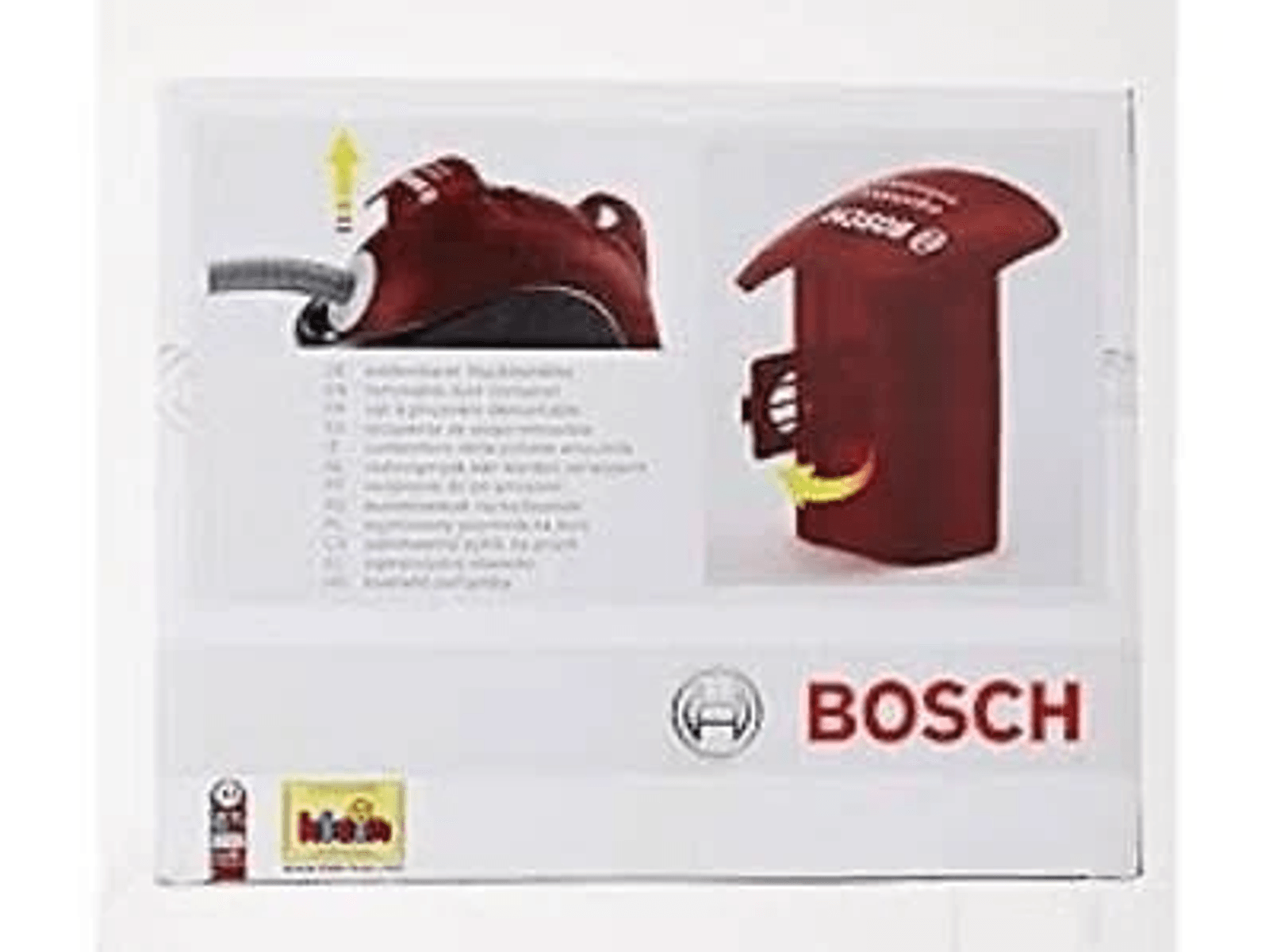 Caja de aspiradora Bosch con instrucciones para quitar el depósito de polvo.