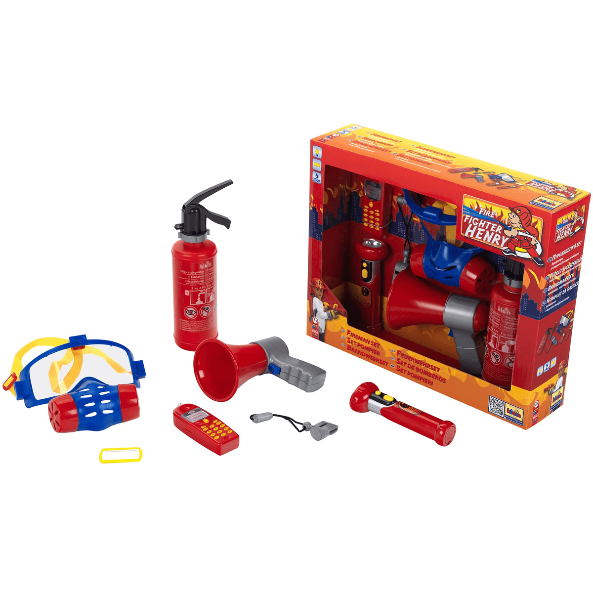 Un juego de juguetes de bombero con un extintor rojo, megáfono, linterna, walkie-talkie y gafas al lado de su caja.