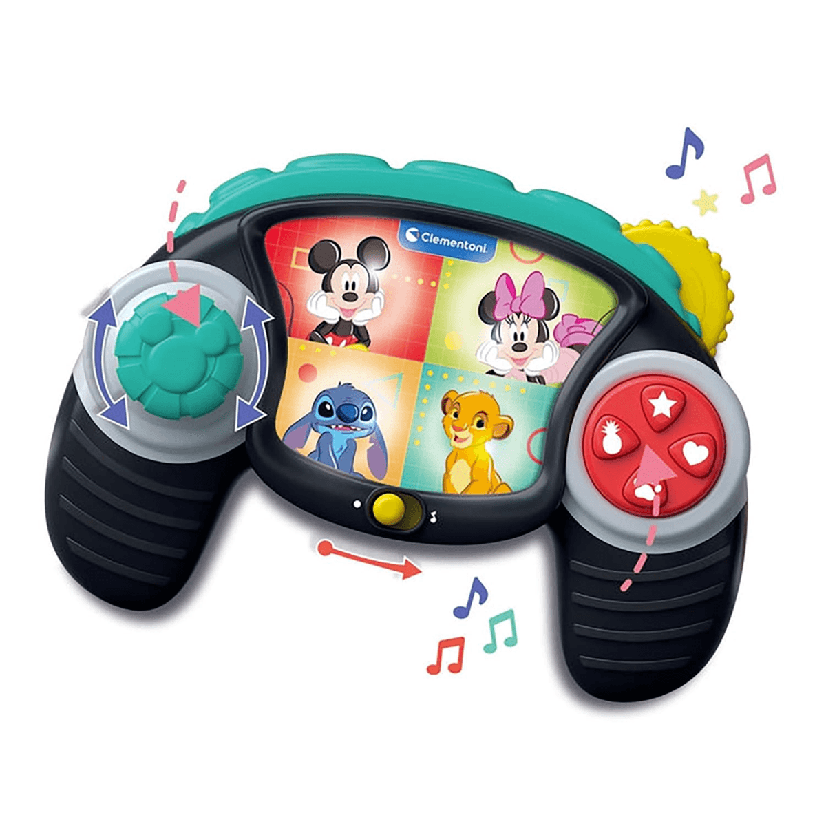 Colorido controlador de juguete para bebés Clementoni con personajes de Disney en la pantalla.