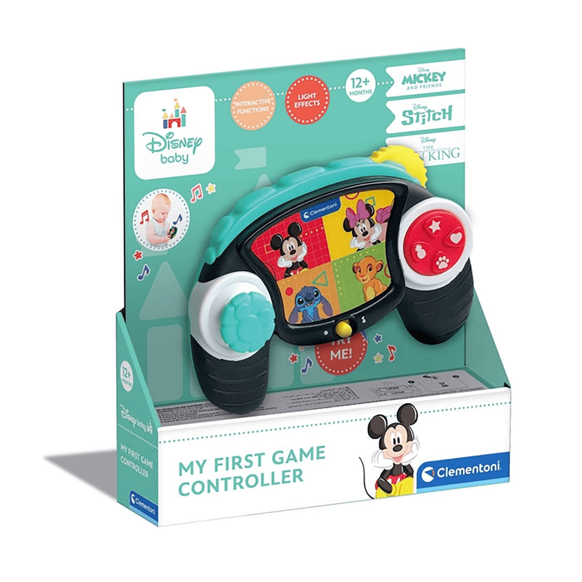 Juguete de controlador de videojuegos Clementoni Disney Baby en su caja con personajes como Mickey Mouse.