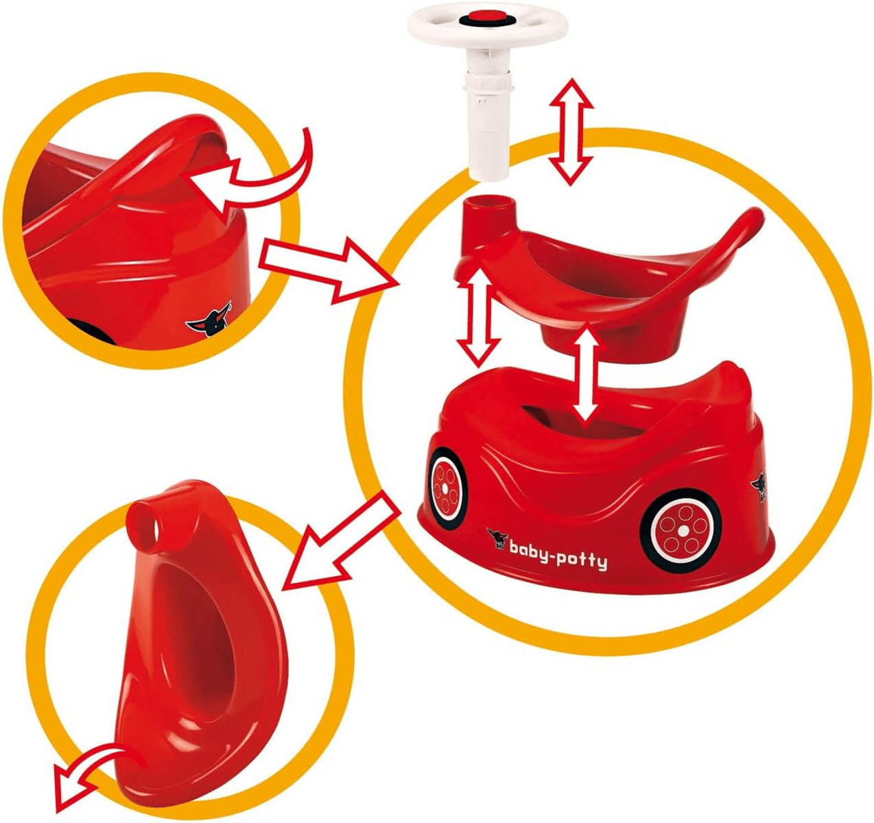 Vista despiezada de un orinal rojo para bebés con volante y accesorio extraíble.