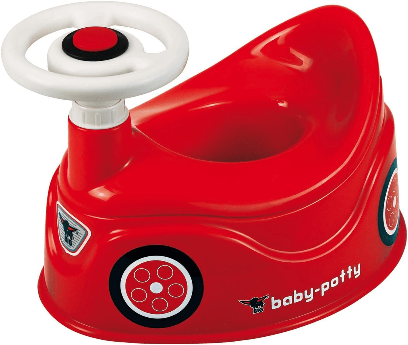 Un orinal rojo con forma de coche, volante blanco y calcomanías de ruedas sobre fondo blanco.