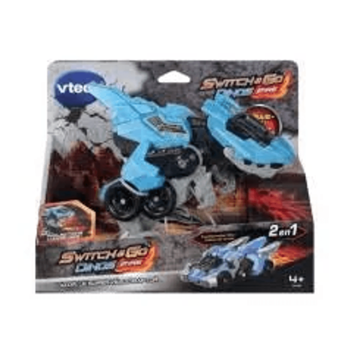 Juguete VTech Switch and Go Dinos en su caja, un raptor azul que se convierte en coche.
