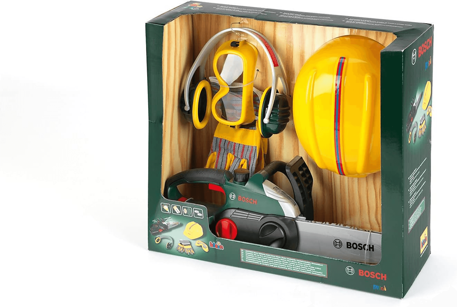 Un juego de juguetes Bosch con motosierra, casco, gafas de seguridad, guantes y orejeras en caja de madera.