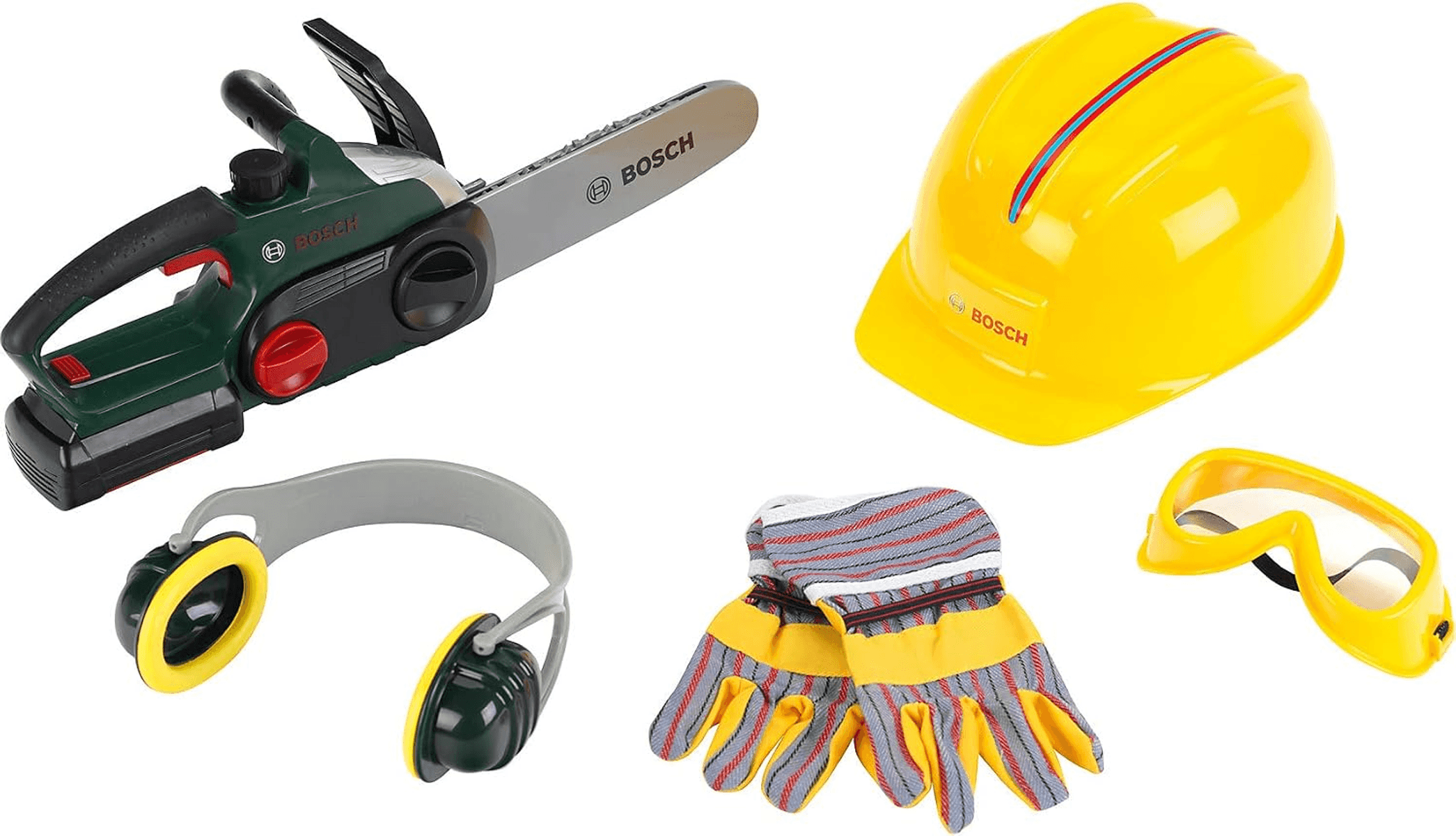 Un juego de juguetes infantiles Bosch que incluye una motosierra de juguete, casco amarillo, gafas, orejeras y guantes.