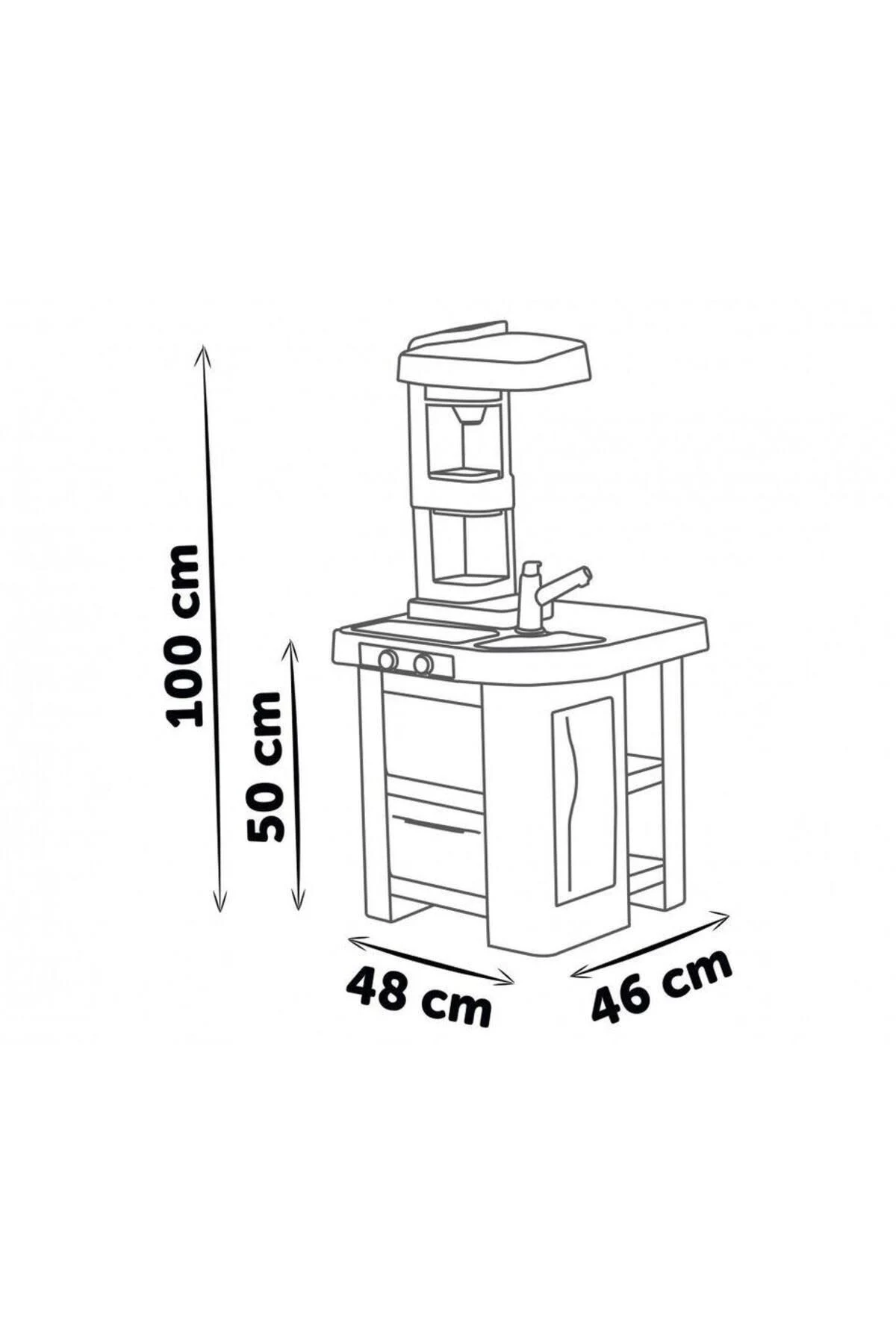 Dibujo lineal de una cocina de juguete con dimensiones: 100 cm de altura total, 50 cm de altura, 48 cm y 46 cm de ancho.
