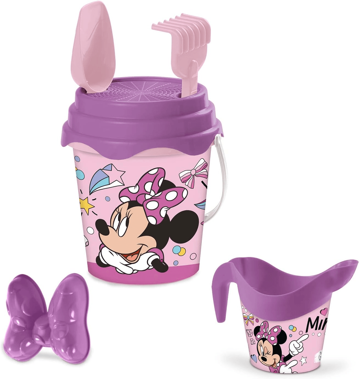 Conjunto de playa rosa de Minnie Mouse con cubo, tapa tamizadora, pala, rastrillo, regadera y molde de lazo.