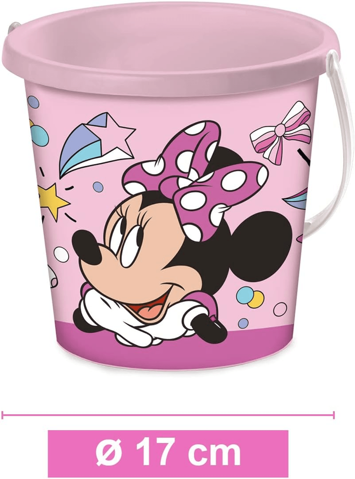 Cubos de plástico rosa para niños con gráfico de Minnie Mouse, asa blanca y diámetro de 17 cm.