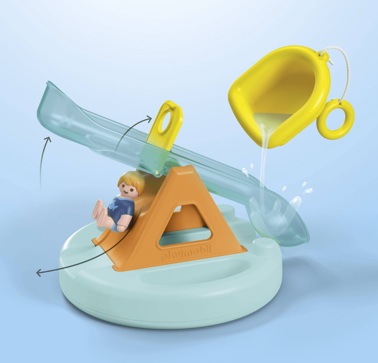 Balancín de agua Playmobil con una figura y taza vertedora.