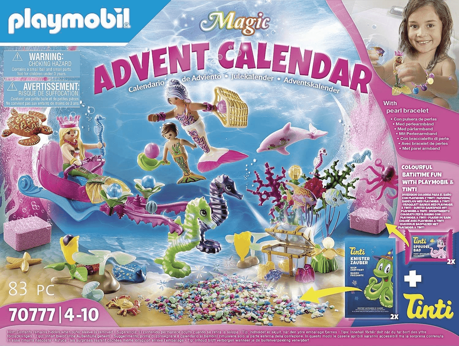 Calendario de Adviento Playmobil Magic con figuras submarinas, sirenas y accesorios en envase rosa.