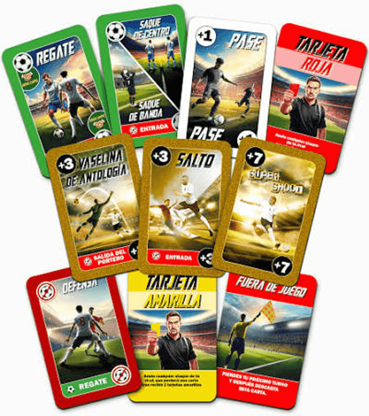 Una colección de coloridas cartas de fútbol con jugadores y árbitros.
