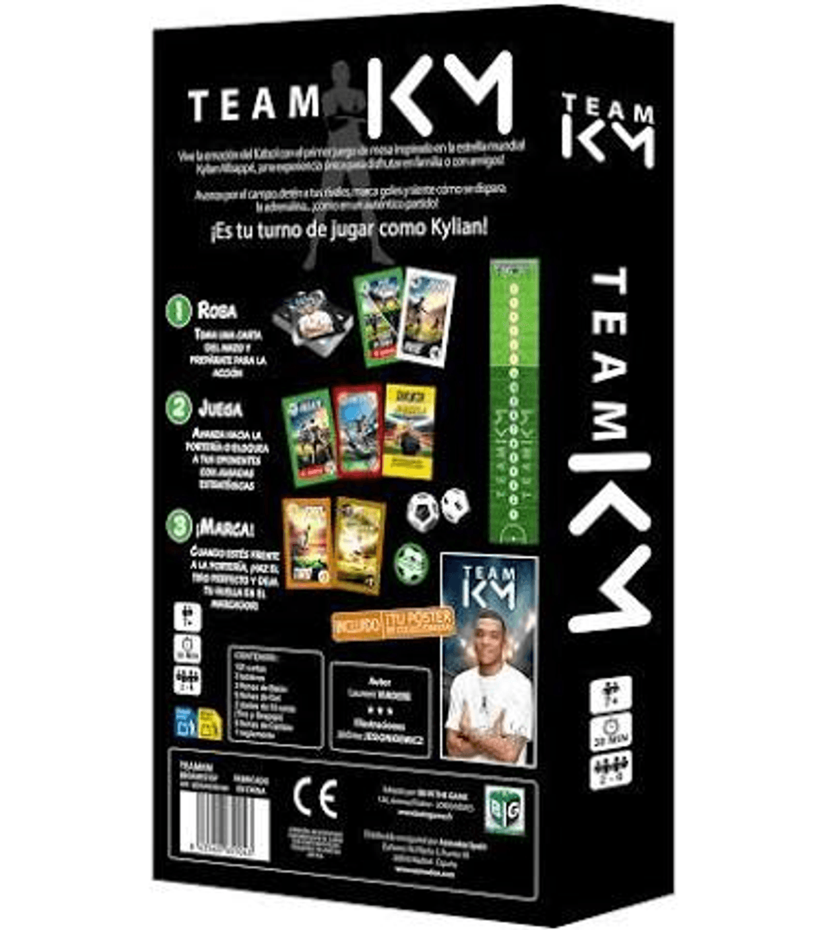 Parte trasera de una caja de juego de mesa negro Team KM con reglas, cartas, dados y una fotografía.